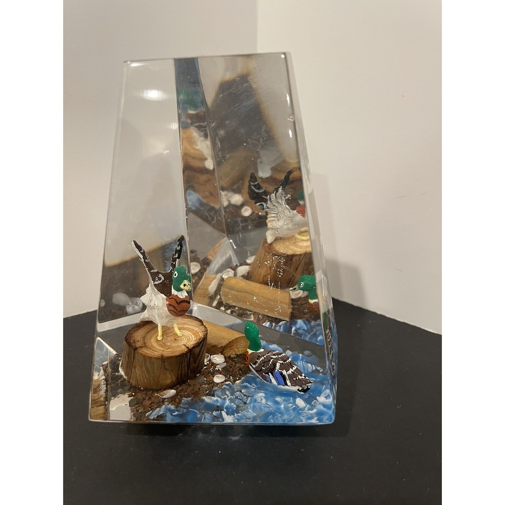 Vintage Wood Duck Acrylic Lucite Prism Paperweight 5x4" Wildlife Birds Decor MCM